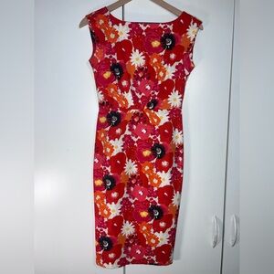 CLUB MONACO sleeveless floral sheath dress, boat neck, red orange & black white